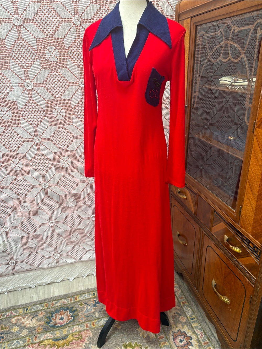 Women's Red Maxi Dress with Navy Collar